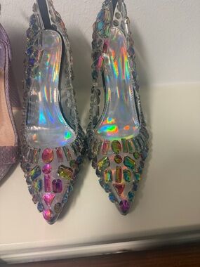 Holographic Pointed-Toe Slingback Flats with Iridescent Gem Accents
